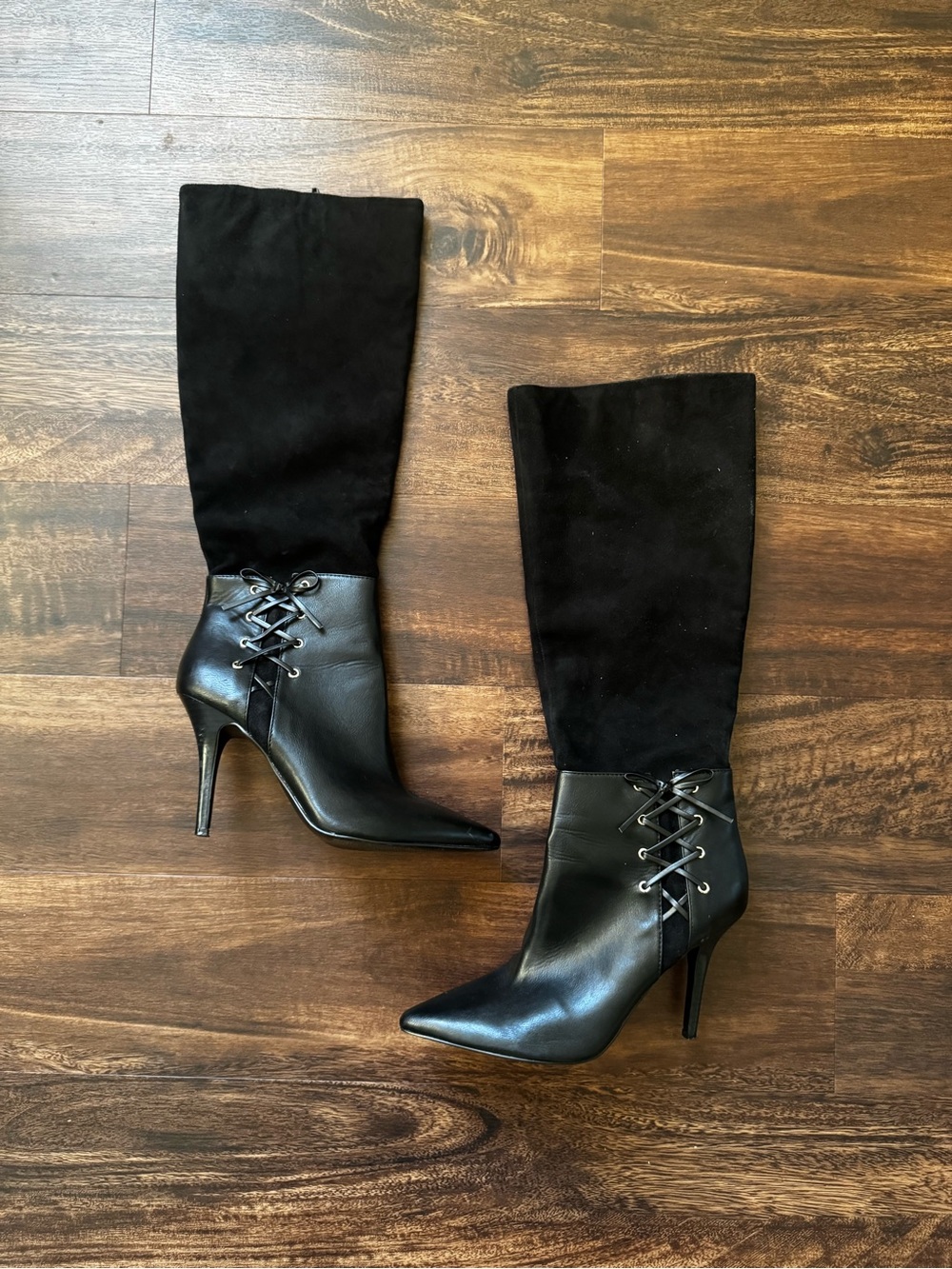 Nine West Vintage Y2K Black Leather Suede Lace Up Knee High Heeled Boots